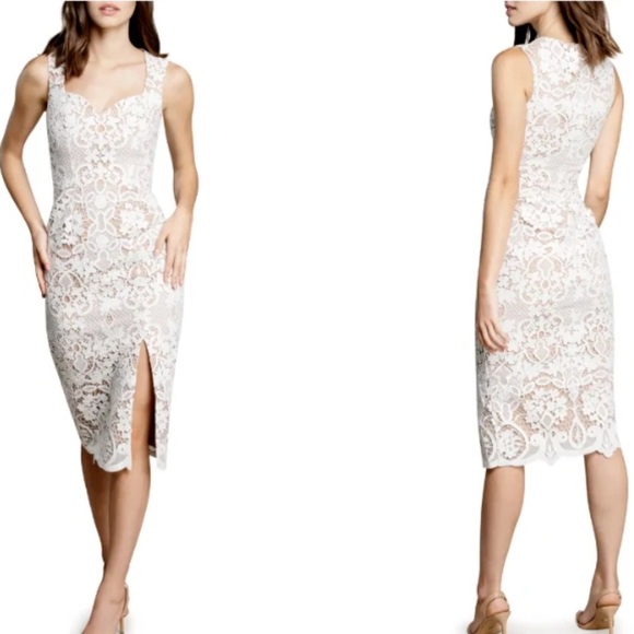 DRESS the POPULATION Jayleen White Nude Floral Guipure Lace Cocktail Midi - Picture 1 of 8